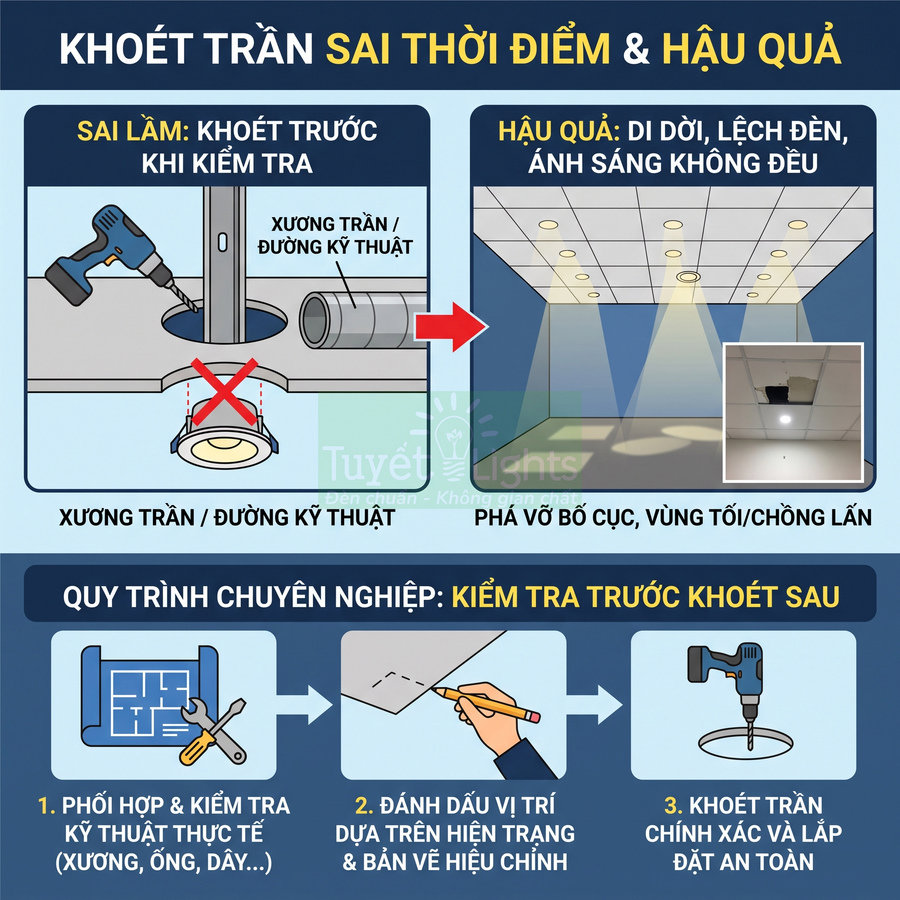 Hướng dẫn quy trình khoét trần lắp đèn âm trần đúng kỹ thuật và hậu quả khi khoét sai thời điểm