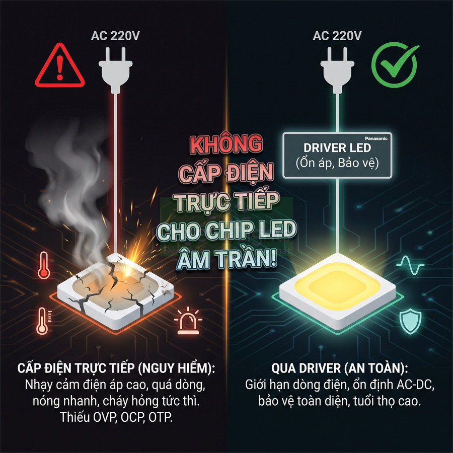 So sánh cấp điện trực tiếp và dùng driver Panasonic cho chip LED âm trần, nhấn mạnh giải pháp driver an toàn