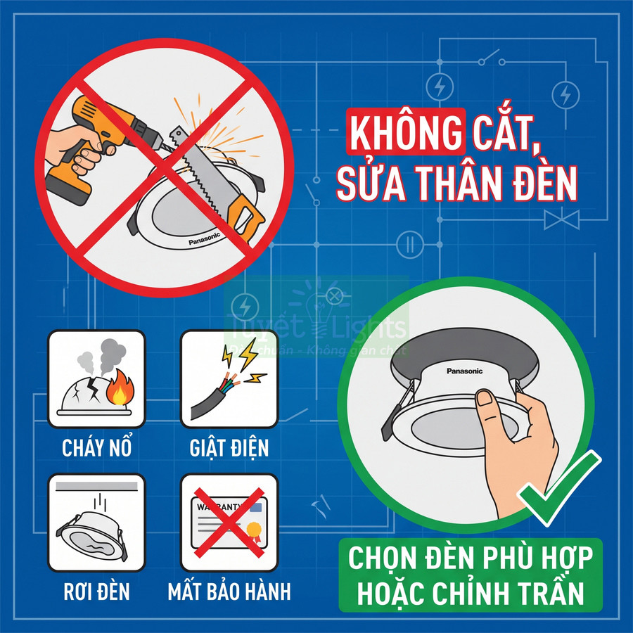 Hướng dẫn chọn đèn âm trần Panasonic phù hợp, không cắt sửa thân đèn để tránh cháy nổ, giật điện và mất bảo hành