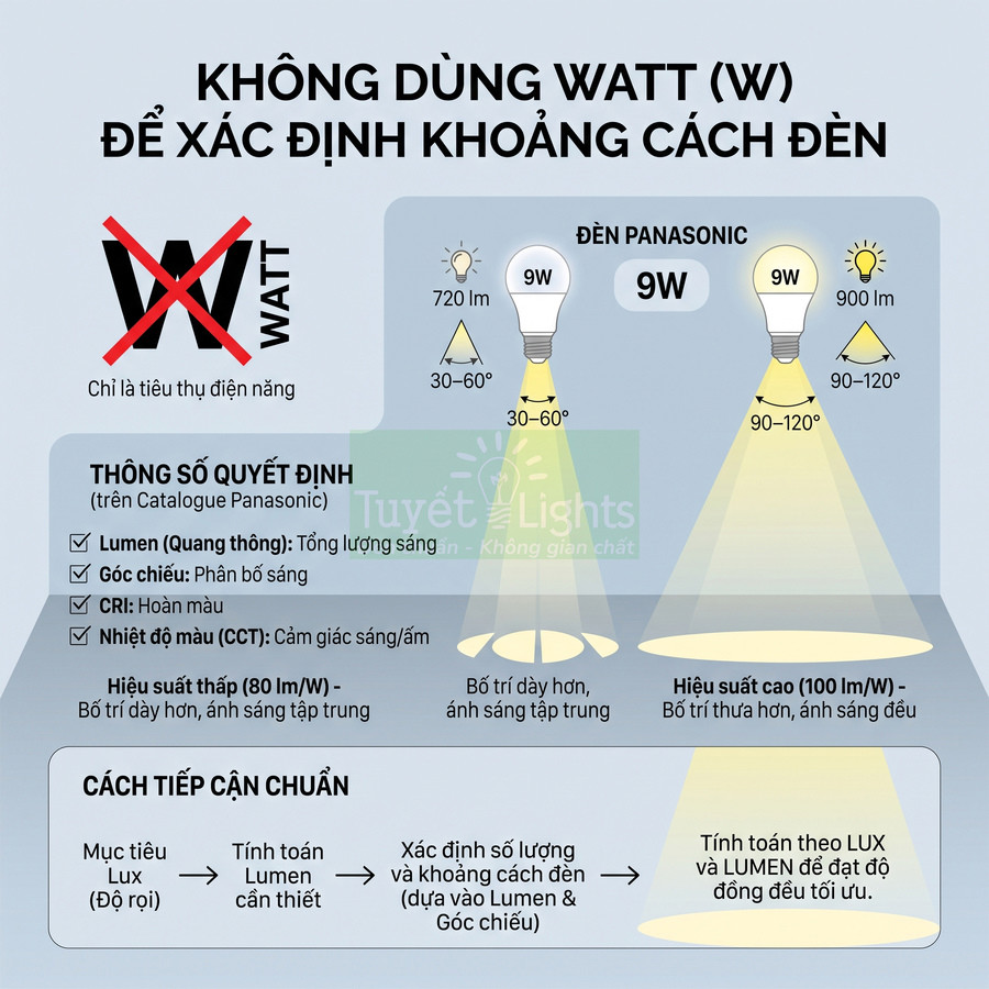 So sánh đèn LED Panasonic 9W với các góc chiếu và lumen khác nhau để chọn khoảng cách lắp đèn phù hợp