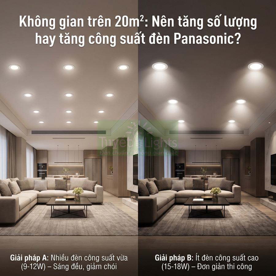 So sánh phòng khách dùng nhiều đèn âm trần Panasonic công suất vừa và ít đèn Panasonic công suất cao