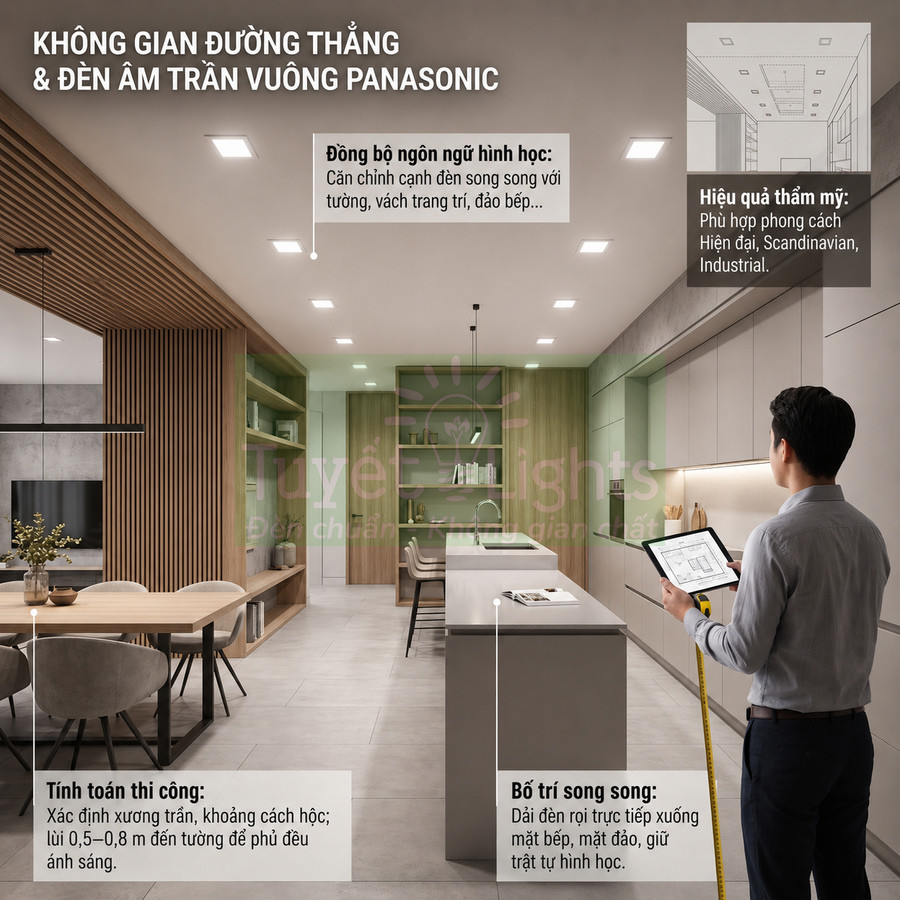 Không gian bếp hiện đại sử dụng đèn âm trần vuông Panasonic chiếu sáng đều khu vực bàn ăn và đảo bếp