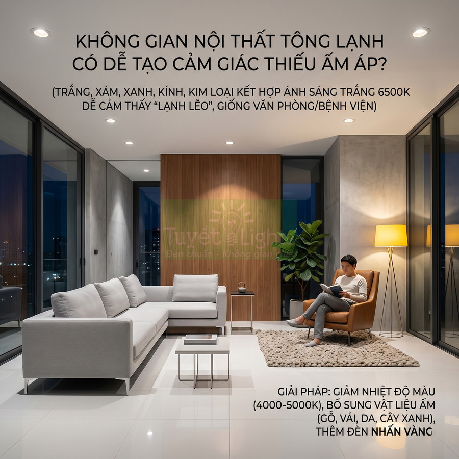 Phòng khách hiện đại với sofa góc màu xám, ghế bành da nâu và đèn sàn ánh vàng tạo không gian ấm áp
