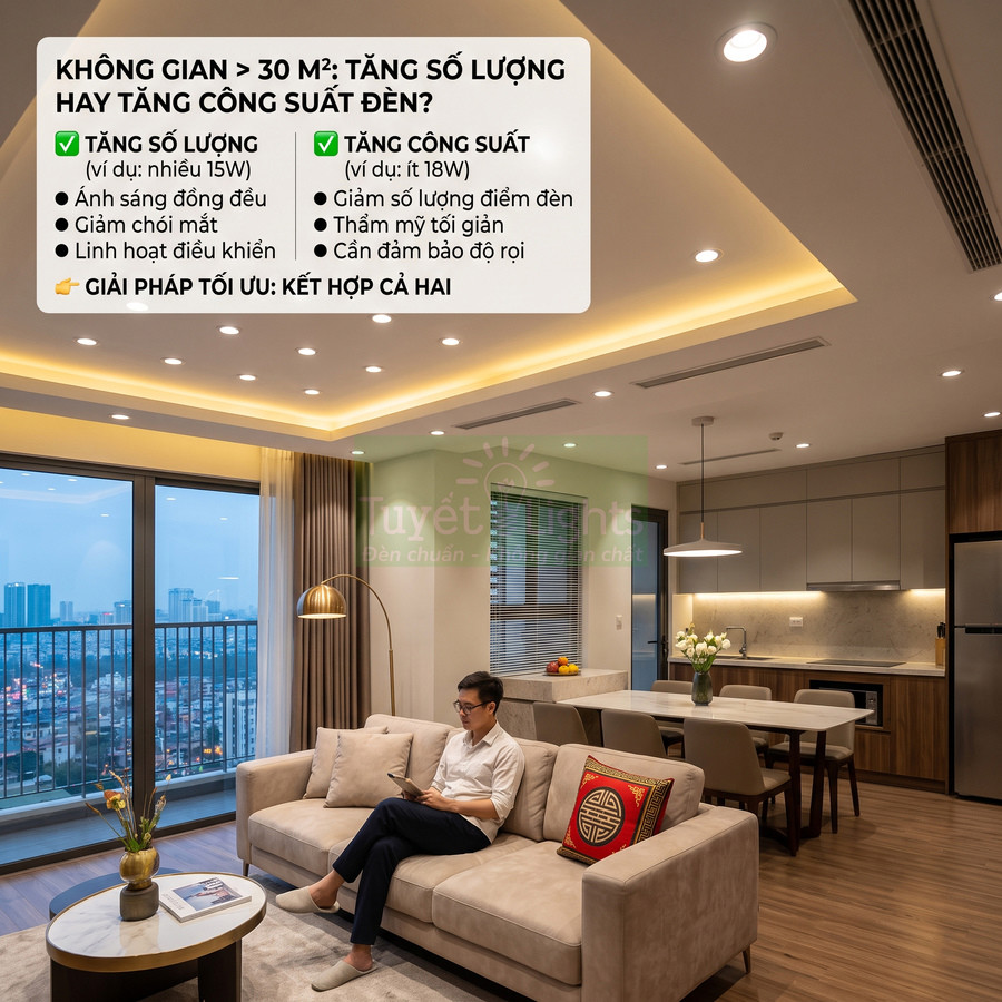 Đèn LED âm trần Tuyết Lights chiếu sáng phòng khách căn hộ hiện đại, ánh sáng vàng ấm áp