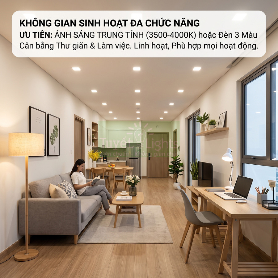 Phòng khách và làm việc đa chức năng dùng đèn âm trần ánh sáng trung tính và đèn bàn cho không gian hiện đại ấm cúng