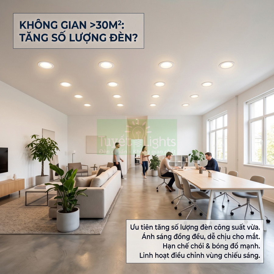 Văn phòng hiện đại dùng nhiều đèn âm trần LED công suất vừa cho ánh sáng đồng đều, hạn chế chói mắt
