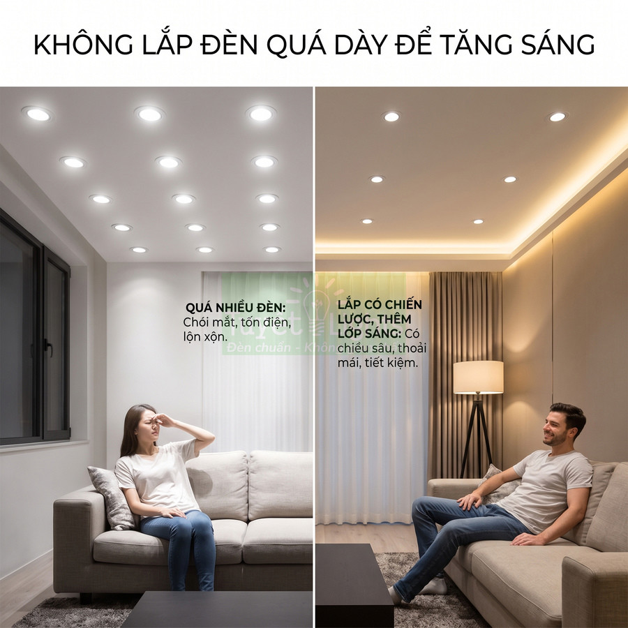 So sánh phòng khách lắp quá nhiều đèn trần LED với phòng dùng ít đèn và đèn đứng chiếu sáng hợp lý