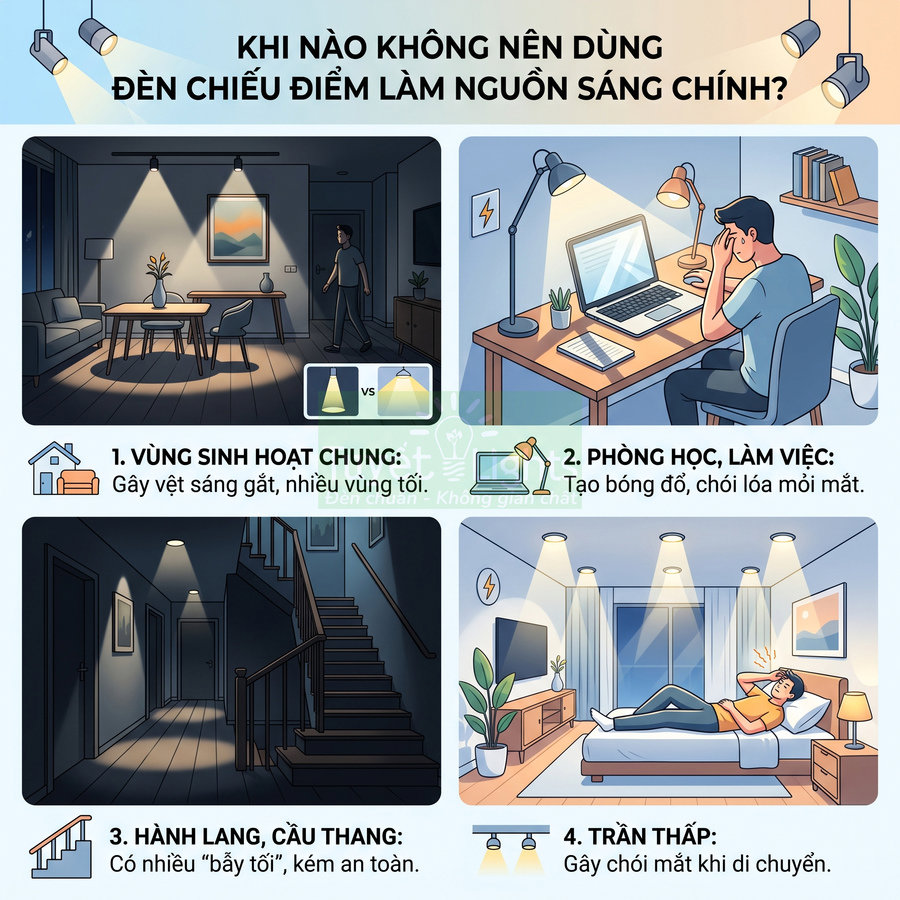 Infographic minh họa các không gian không nên dùng đèn chiếu điểm làm nguồn sáng chính trong nhà