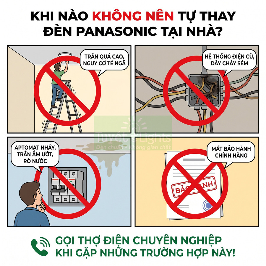 Hướng dẫn khi không nên tự thay đèn Panasonic tại nhà và khuyến nghị gọi thợ điện chuyên nghiệp