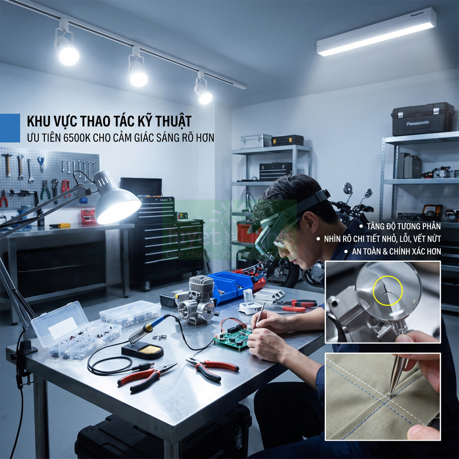 Đèn LED Panasonic chiếu sáng bàn làm việc kỹ thuật, hỗ trợ thợ sửa chữa linh kiện điện tử nhìn rõ chi tiết