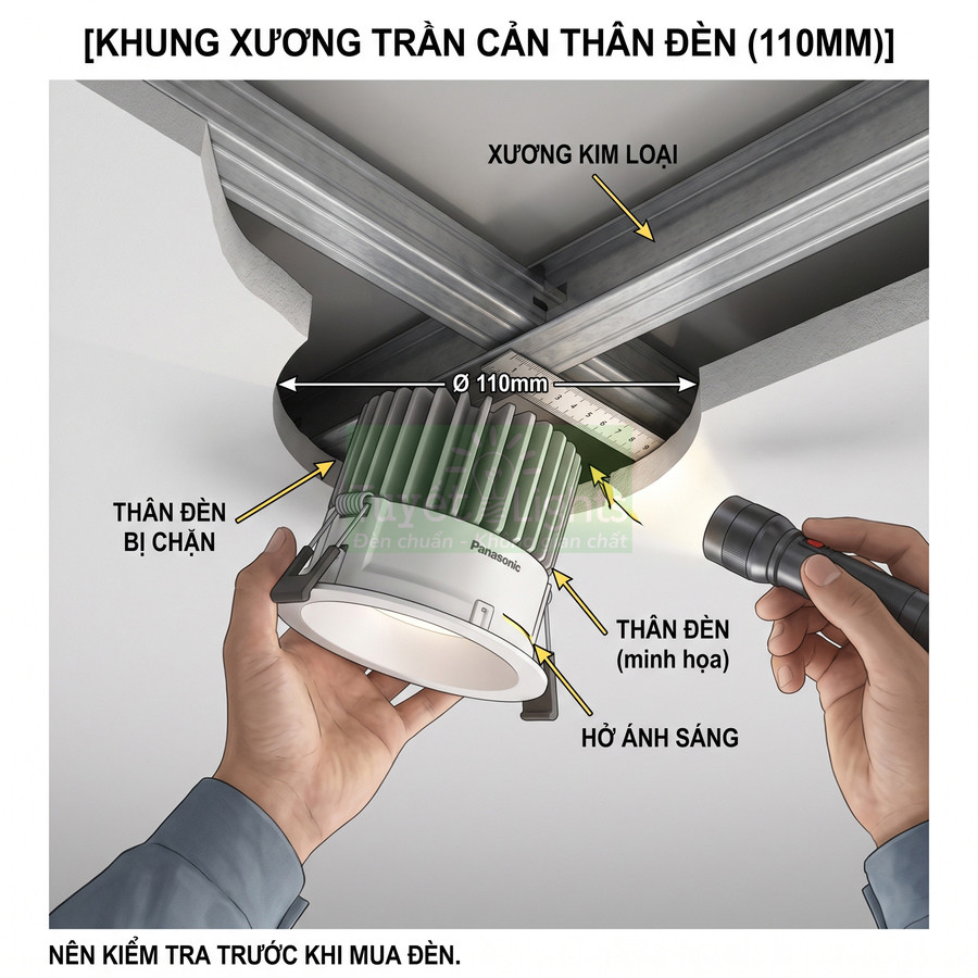 Lắp đặt đèn âm trần Panasonic 110mm vào khung xương trần kim loại, kiểm tra thân đèn và hở ánh sáng