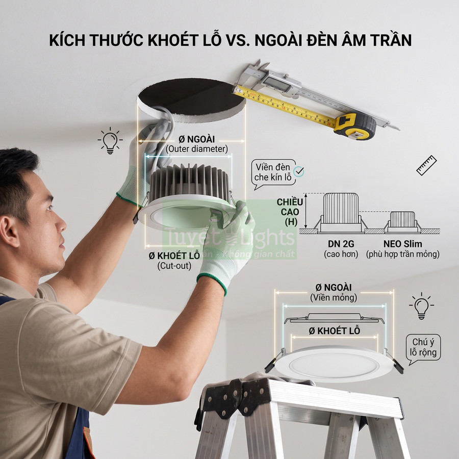 Thợ điện lắp đặt đèn âm trần Tuyết Lights, đo kích thước khoét lỗ và đường kính ngoài trên trần nhà