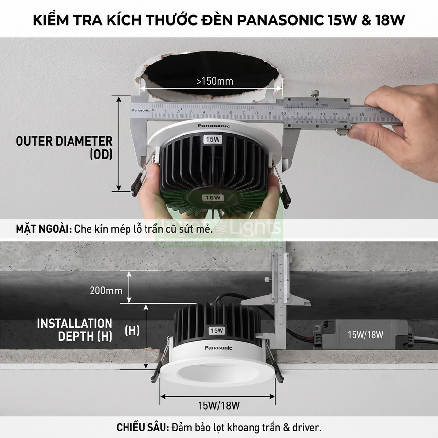 Đèn âm trần Panasonic 15W 18W màu trắng được đo kích thước lắp đặt trên trần nhà