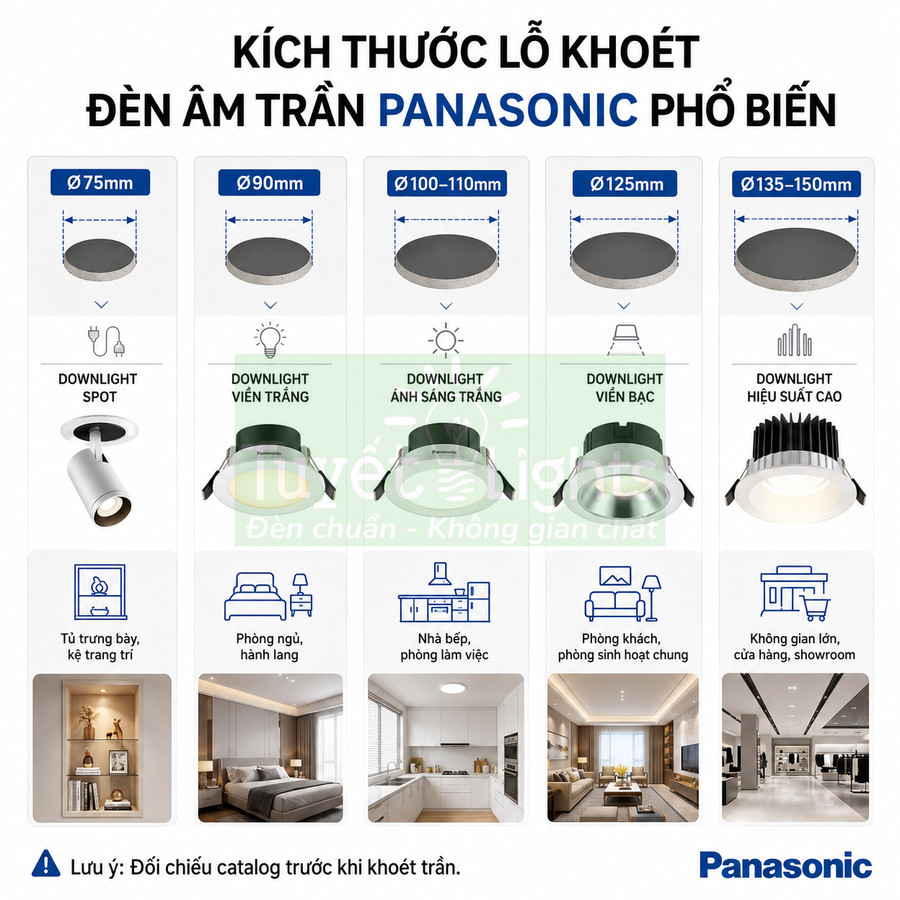Kích thước lỗ khoét đèn âm trần Panasonic phổ biến cho nhiều loại downlight và không gian sử dụng