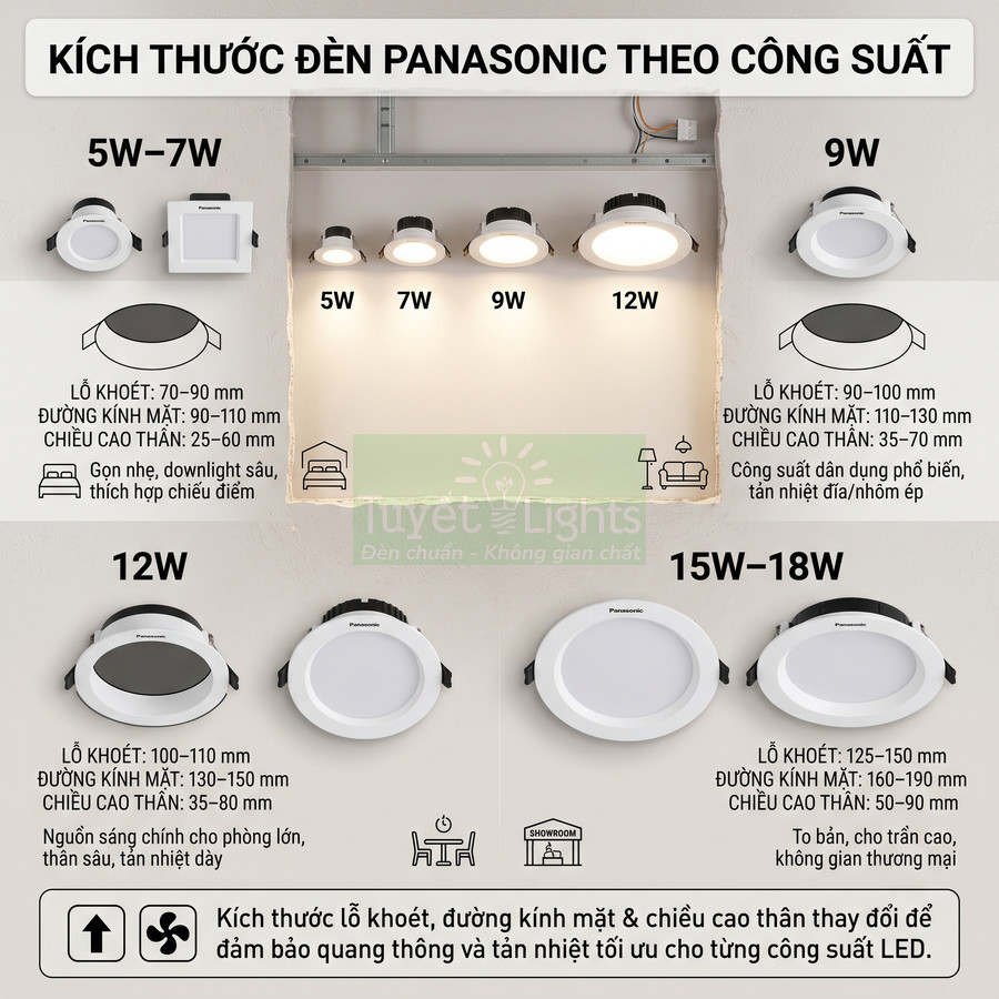 Kích thước và công suất các mẫu đèn LED âm trần Panasonic tròn vuông từ 5W đến 18W