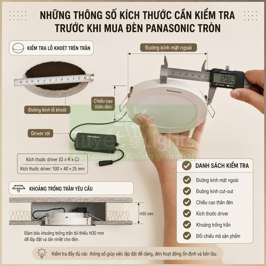 Hướng dẫn đo kích thước lỗ trần và driver khi lắp đặt đèn LED âm trần tròn Panasonic
