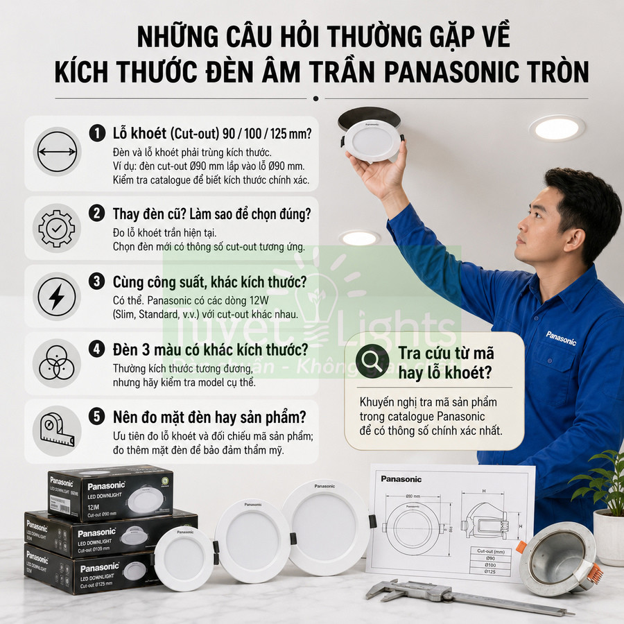 Nhân viên lắp đặt đèn âm trần Panasonic tròn, trưng bày nhiều mẫu đèn và hộp sản phẩm trên bàn