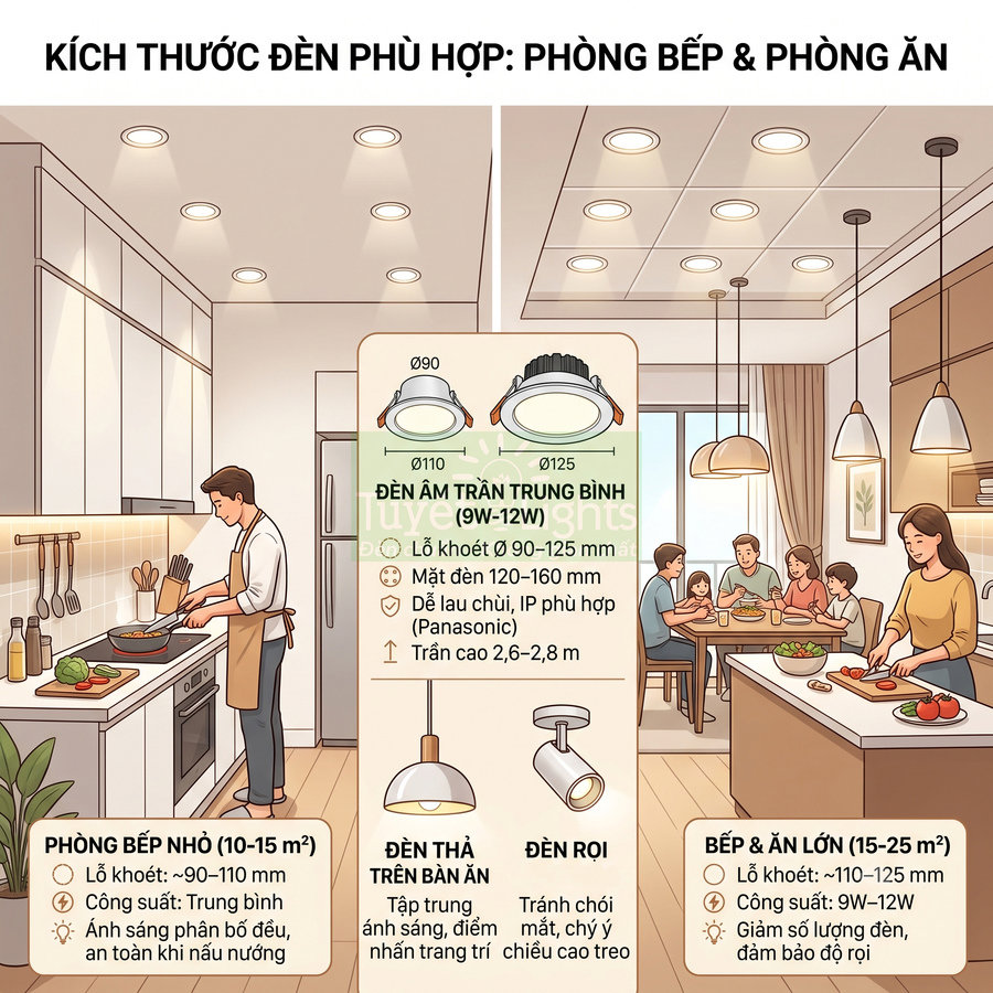 Đèn âm trần Panasonic cho phòng bếp và phòng ăn, minh họa cách bố trí đèn cho không gian nhỏ và lớn
