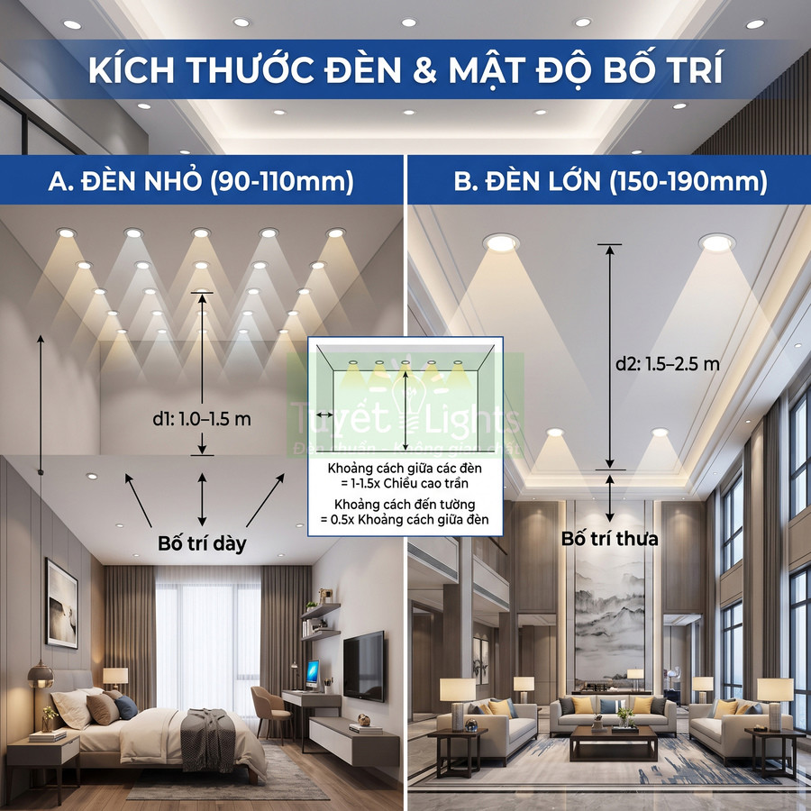 Hướng dẫn bố trí đèn downlight âm trần nhỏ và lớn cho phòng ngủ và phòng khách hiện đại