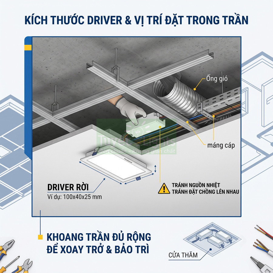 Hướng dẫn lắp đặt driver rời cho đèn LED âm trần trong khoang trần, vị trí tránh nguồn nhiệt và dễ bảo trì