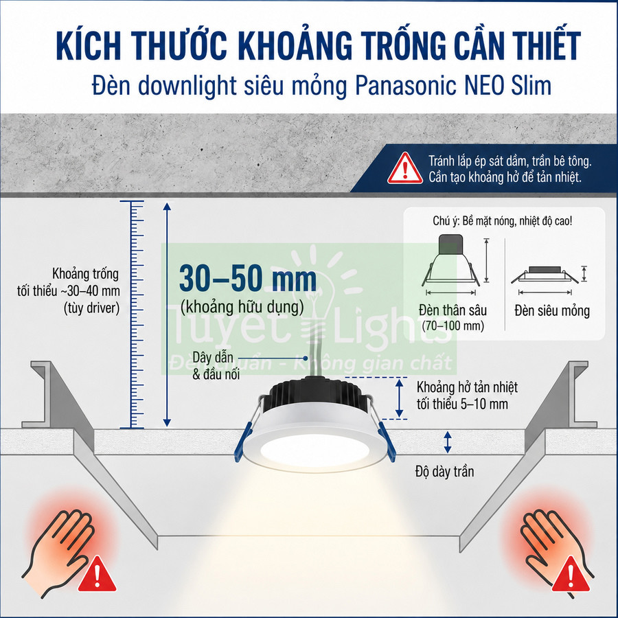 Hướng dẫn lắp đặt đèn downlight siêu mỏng Panasonic NEO Slim với khoảng trống trần cần thiết