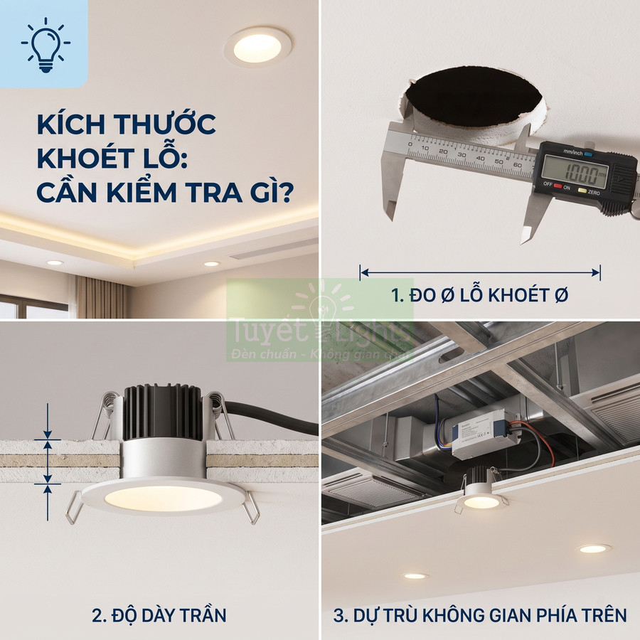 Hướng dẫn đo kích thước khoét lỗ và lắp đặt đèn led âm trần cho trần thạch cao
