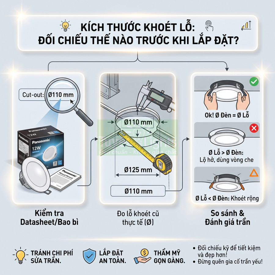 Hướng dẫn đo kích thước lỗ khoét trần để lắp đèn LED âm trần Panasonic 12W đúng chuẩn