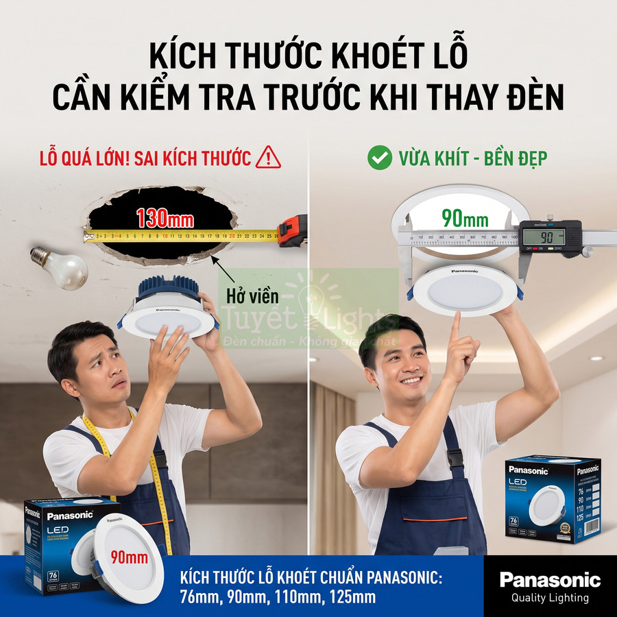 Đèn LED âm trần Panasonic và hướng dẫn chọn đúng kích thước lỗ khoét trần 90mm khi lắp đặt