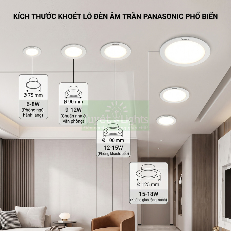 Các kích thước khoét lỗ đèn âm trần Panasonic phổ biến cho phòng ngủ, phòng khách, bếp, sảnh