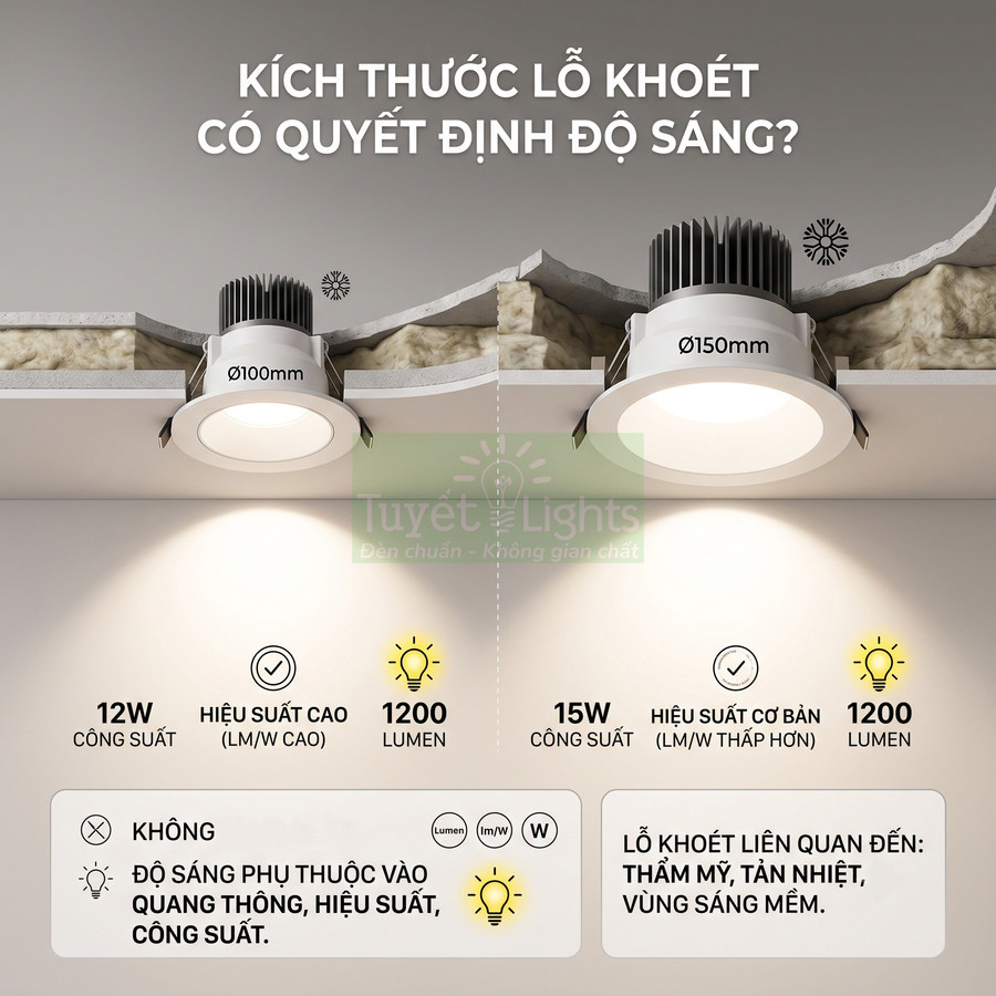 Đèn âm trần Tuyết Lights so sánh hai kích thước lỗ khoét 100mm và 150mm với công suất và độ sáng khác nhau