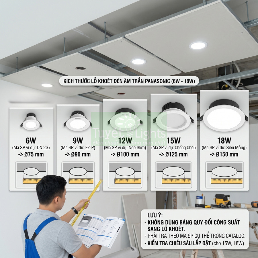 Kích thước lỗ khoét đèn âm trần Panasonic 6W 9W 12W 15W 18W trong thi công trần thạch cao