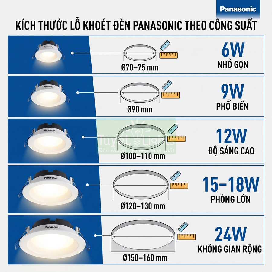 Bảng kích thước lỗ khoét đèn âm trần Panasonic theo công suất từ 6W đến 24W