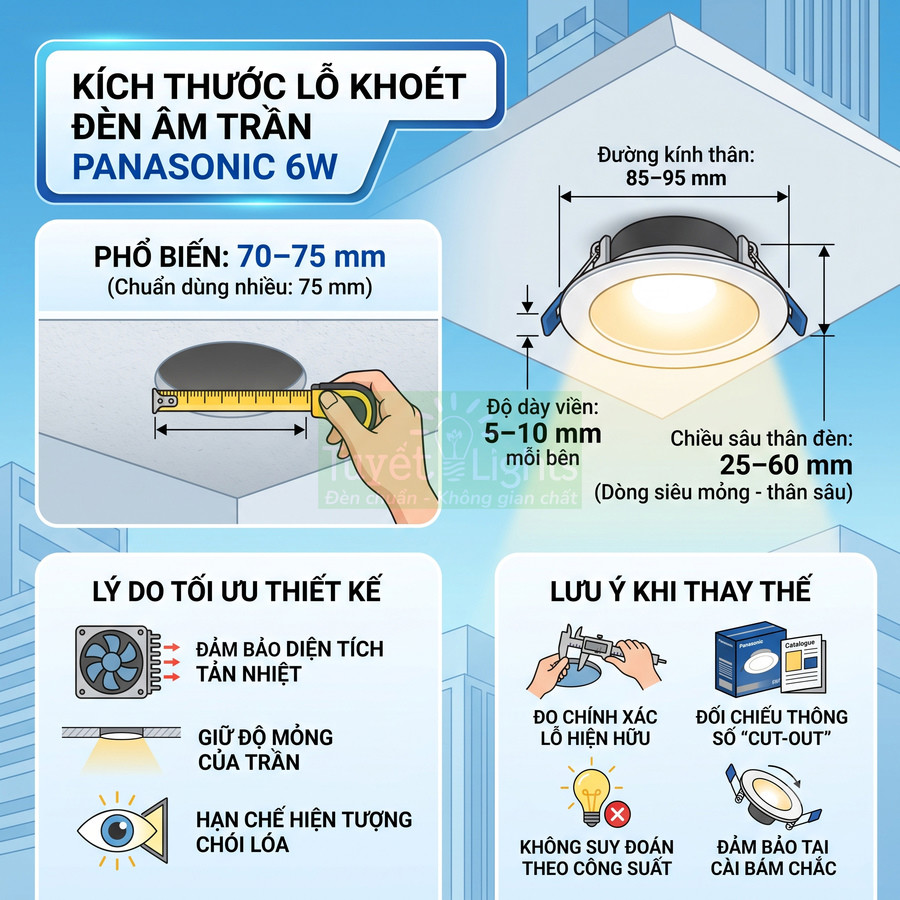 Hướng dẫn kích thước lỗ khoét và lắp đặt đèn âm trần Panasonic 6W, các thông số đường kính và độ sâu chi tiết