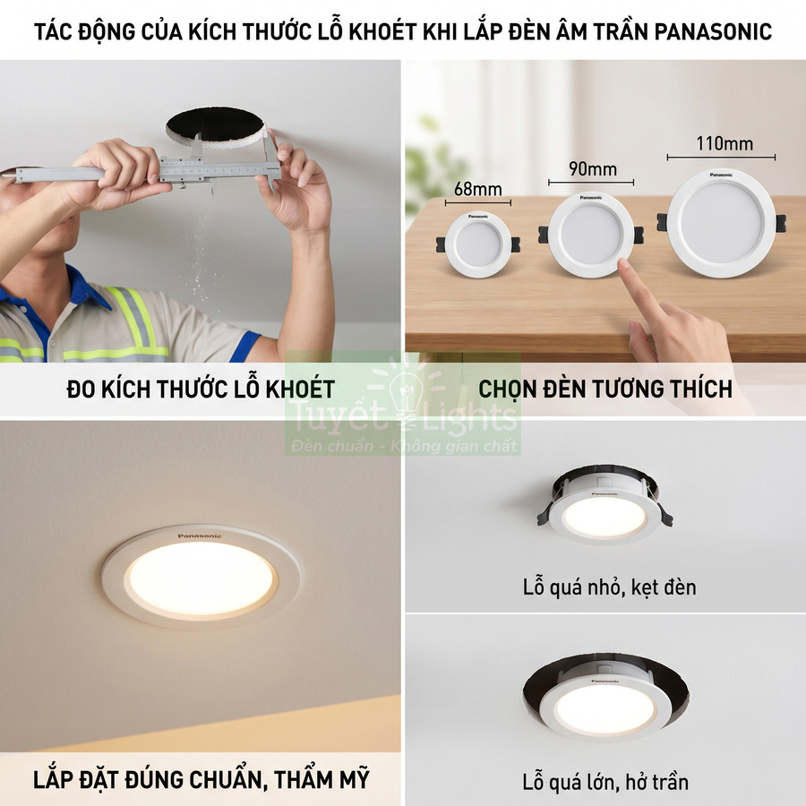 Hướng dẫn đo lỗ khoét và chọn đèn âm trần Panasonic đúng kích thước để lắp đặt thẩm mỹ