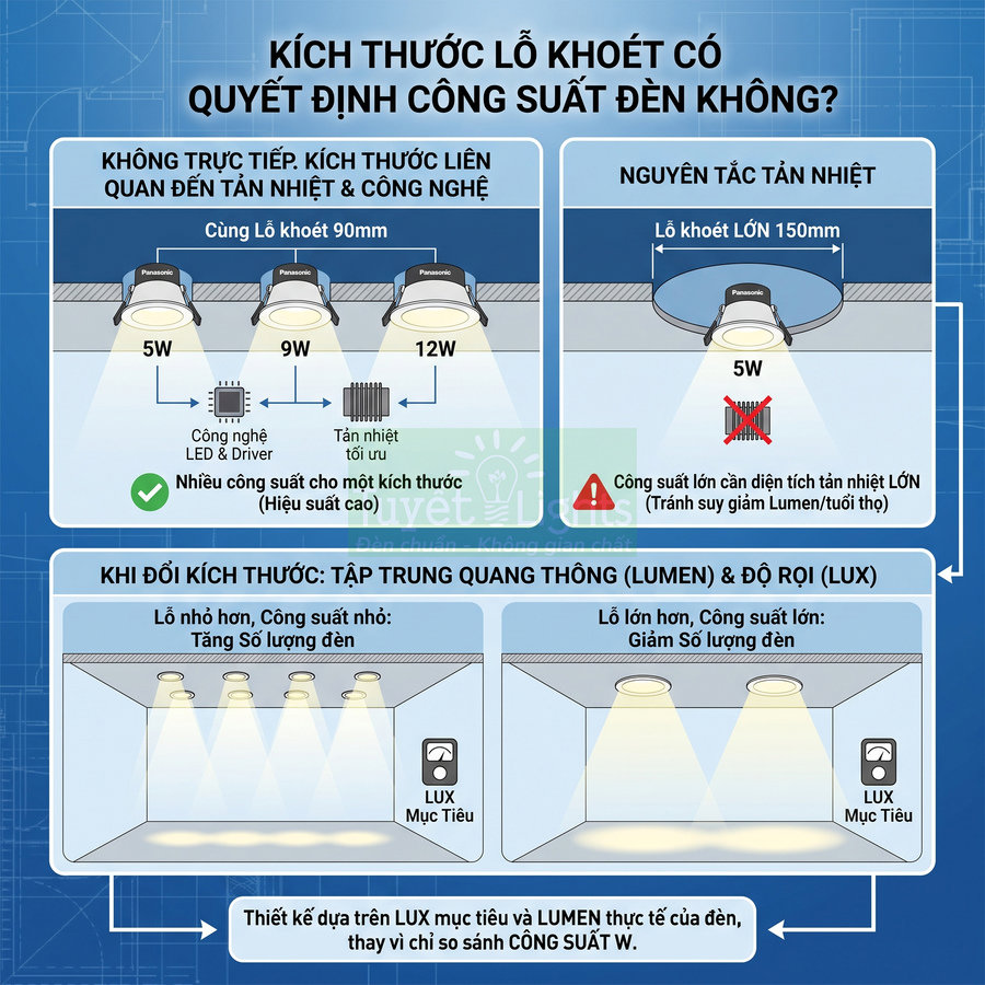Infographic đèn âm trần Panasonic giải thích mối liên hệ kích thước lỗ khoét, tản nhiệt và công suất chiếu sáng