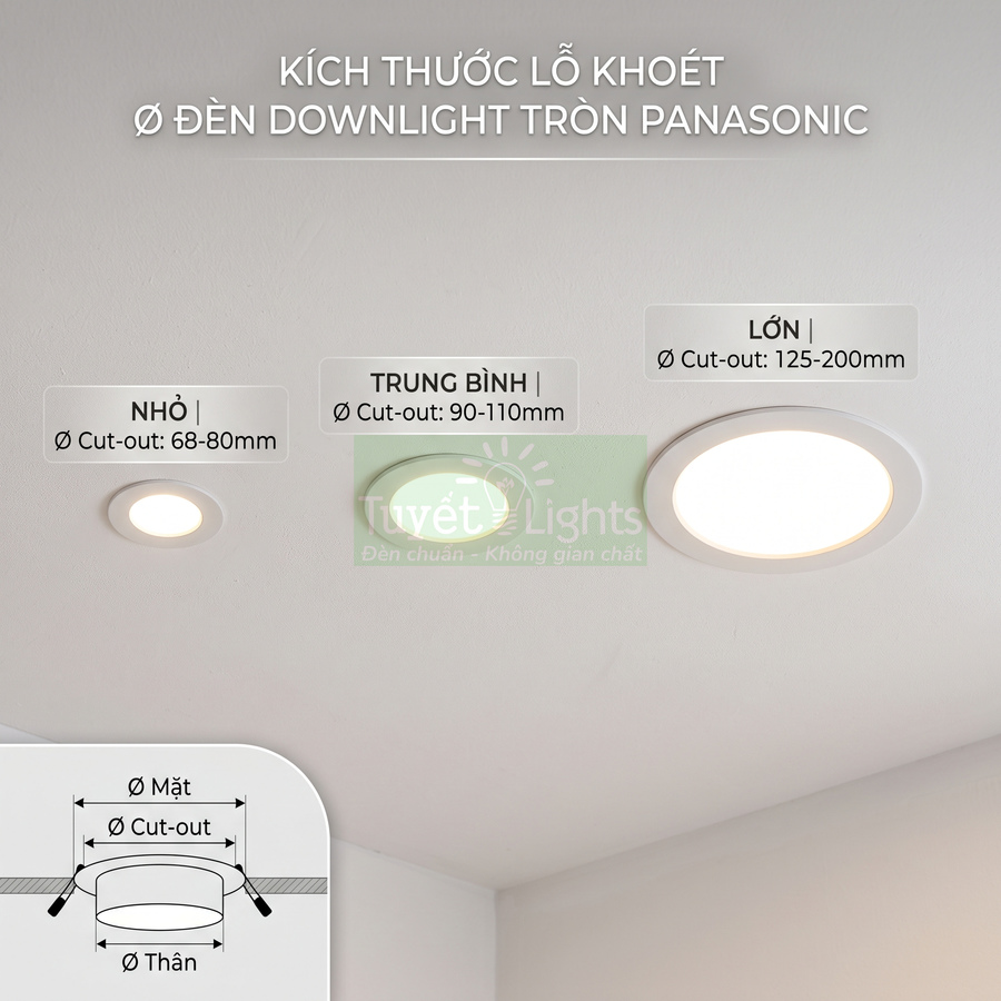 Kích thước lỗ khoét đèn downlight tròn Panasonic nhỏ trung bình lớn trên trần nhà