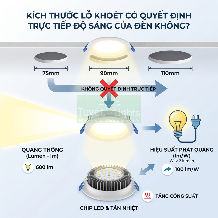 Đèn led âm trần Tuyết Lights minh họa quang thông, chip led tản nhiệt và hiệu suất phát sáng không phụ thuộc lỗ khoét