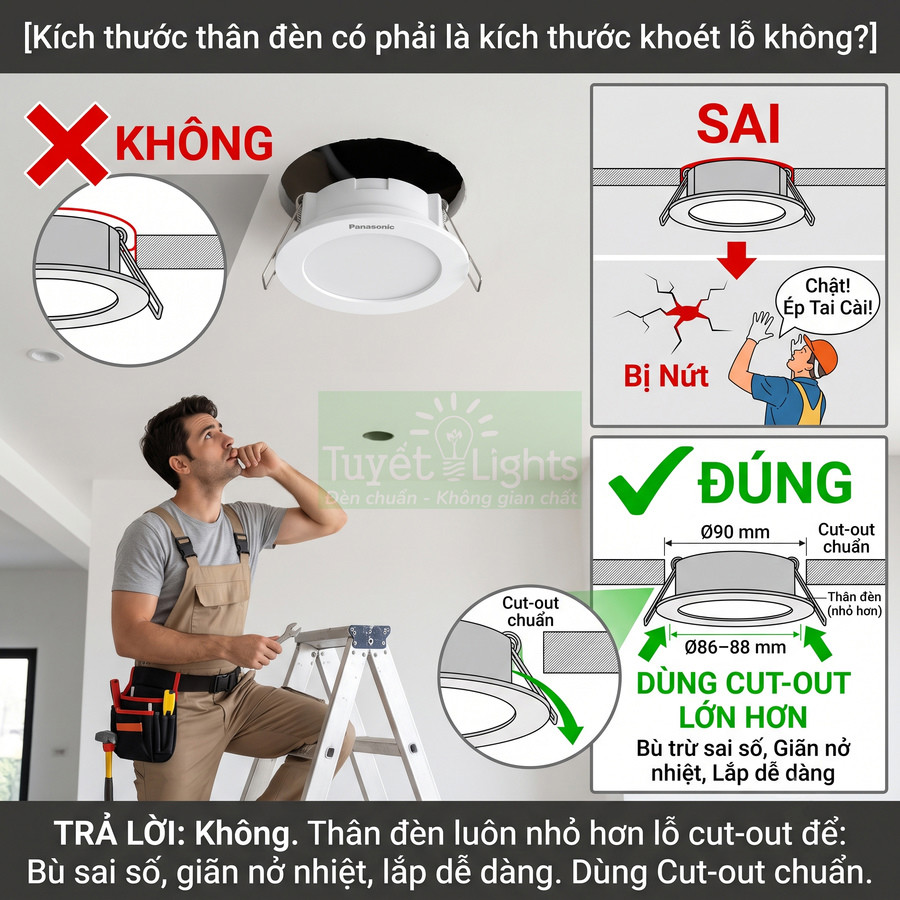 Hướng dẫn chọn kích thước lỗ khoét trần cho đèn âm trần Panasonic và thợ đang lắp đặt trên thang