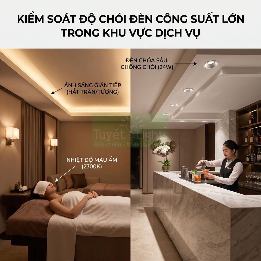 Đèn âm trần chống chói Tuyết Lights chiếu sáng ấm cho phòng spa và quầy bar dịch vụ cao cấp