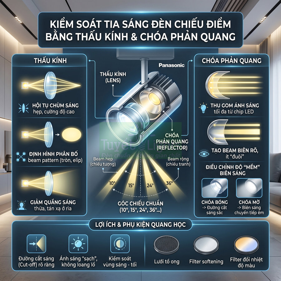 Đèn chiếu điểm Panasonic với thấu kính và chóa phản quang điều chỉnh góc chiếu sáng trong phòng khách hiện đại