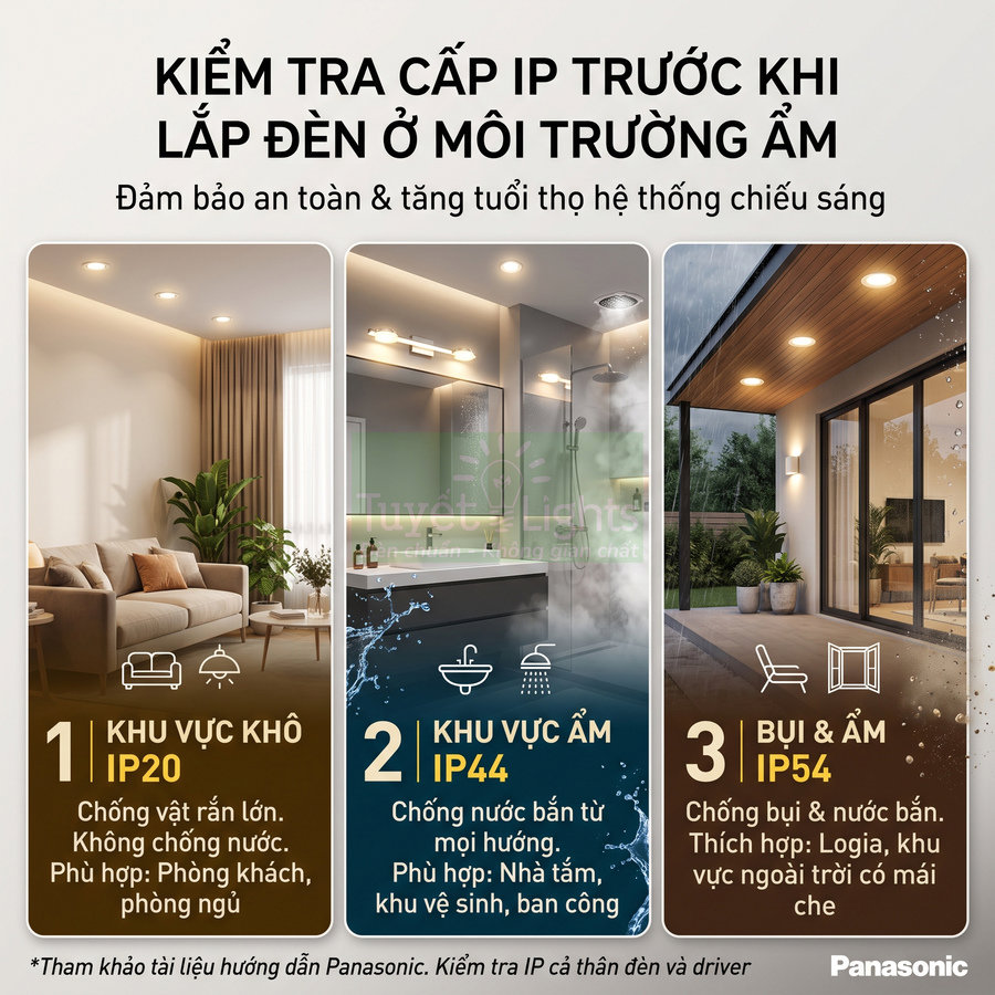 Đèn âm trần Panasonic chiếu sáng phòng khách, phòng tắm và khu vực ngoài trời ẩm ướt với các cấp bảo vệ IP khác nhau