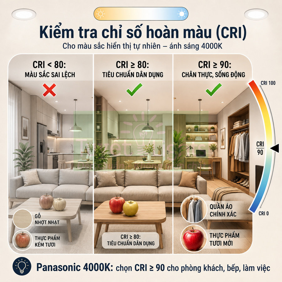 Đèn LED âm trần Panasonic 4000K CRI cao cho phòng khách bếp hiển thị màu sắc chân thực sống động