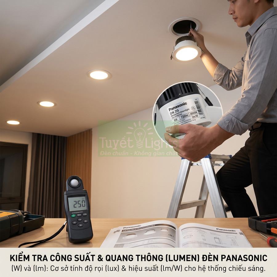Kiểm tra công suất và quang thông đèn LED âm trần Panasonic bằng máy đo ánh sáng trong phòng khách