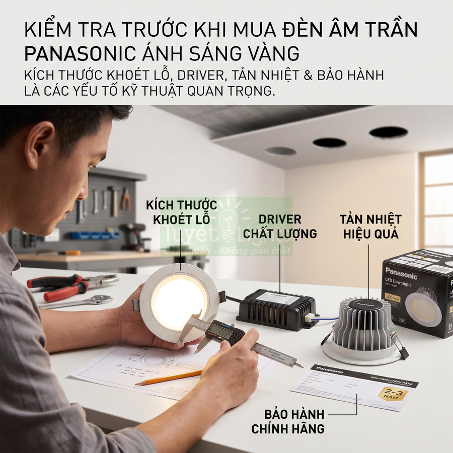 Người thợ kiểm tra đèn âm trần Panasonic ánh sáng vàng cùng driver, tản nhiệt và phiếu bảo hành chính hãng