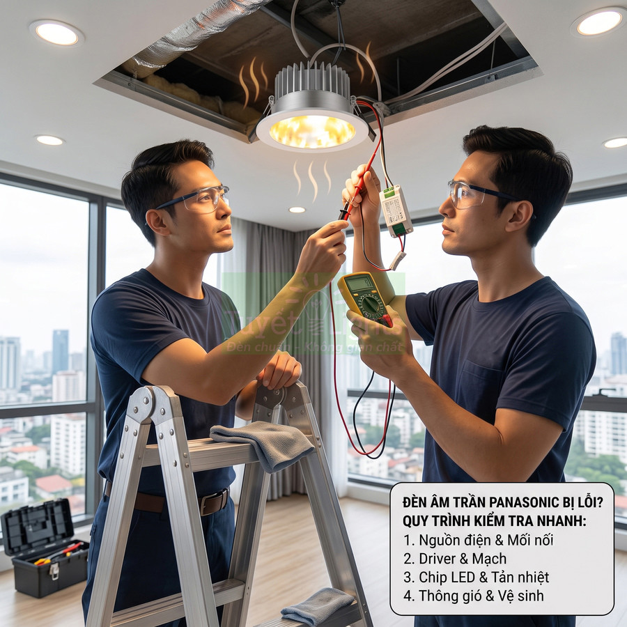 Kỹ thuật viên kiểm tra sửa chữa đèn âm trần Panasonic bị lỗi bằng đồng hồ đo điện trong căn hộ hiện đại