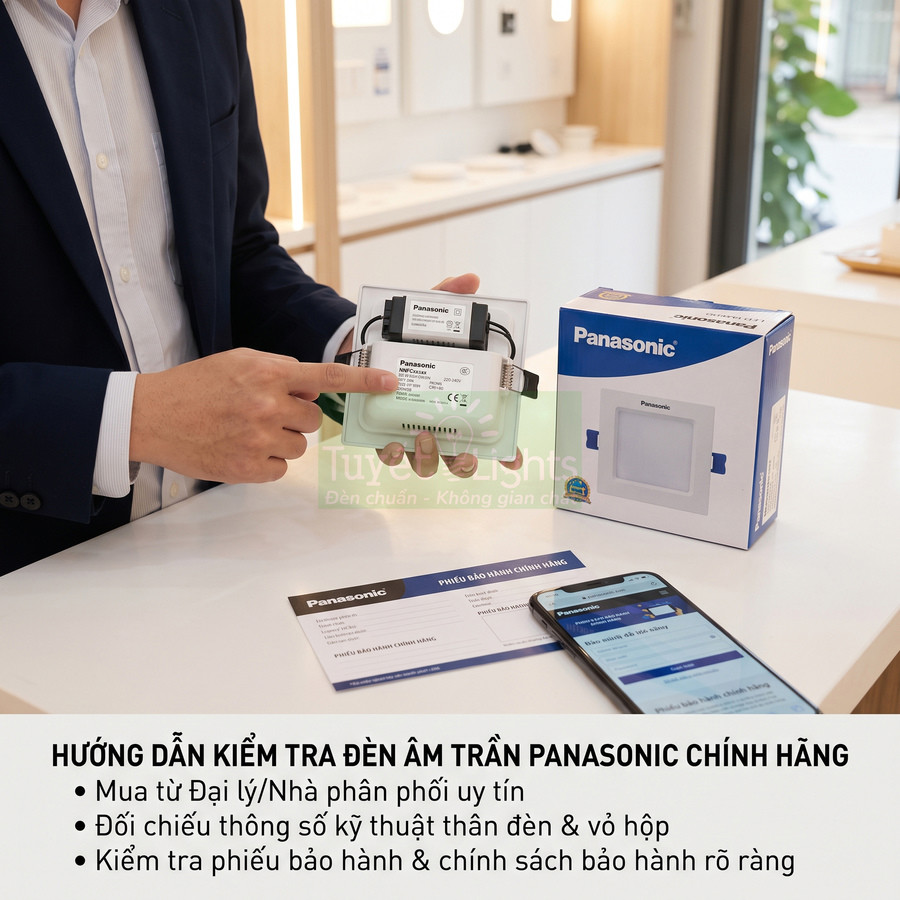 Đèn âm trần Panasonic chính hãng được kiểm tra với hộp sản phẩm, phiếu bảo hành và điện thoại trên bàn