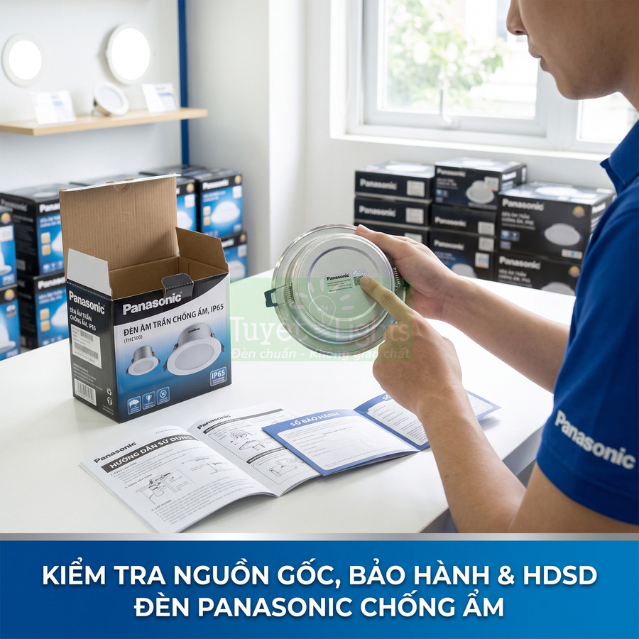 Nhân viên kiểm tra đèn âm trần chống ẩm Panasonic cùng hộp sản phẩm và sách hướng dẫn trên bàn
