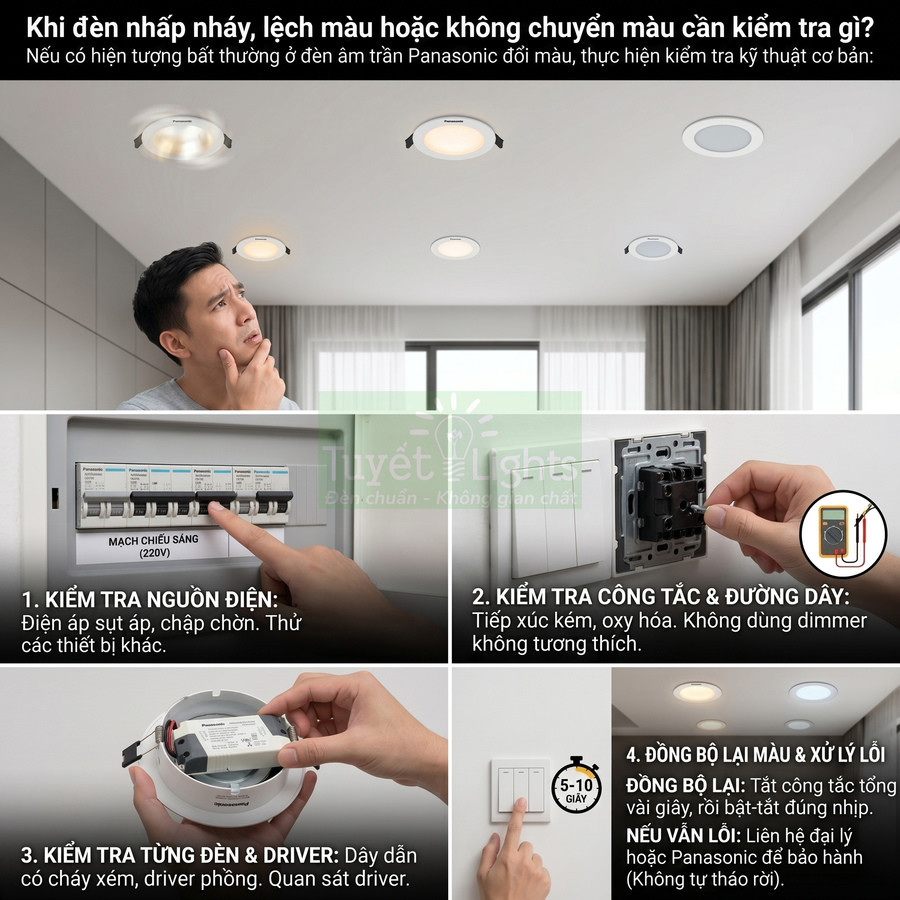 Hướng dẫn kiểm tra và xử lý lỗi nhấp nháy, lệch màu cho đèn âm trần Panasonic trong phòng khách