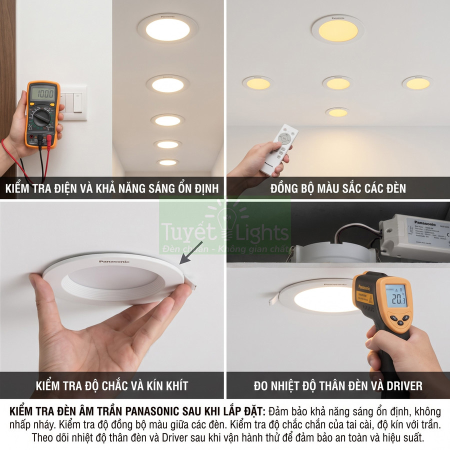 Kiểm tra đèn âm trần Panasonic sau lắp đặt với đồng hồ đo điện, điều khiển từ xa và máy đo nhiệt độ
