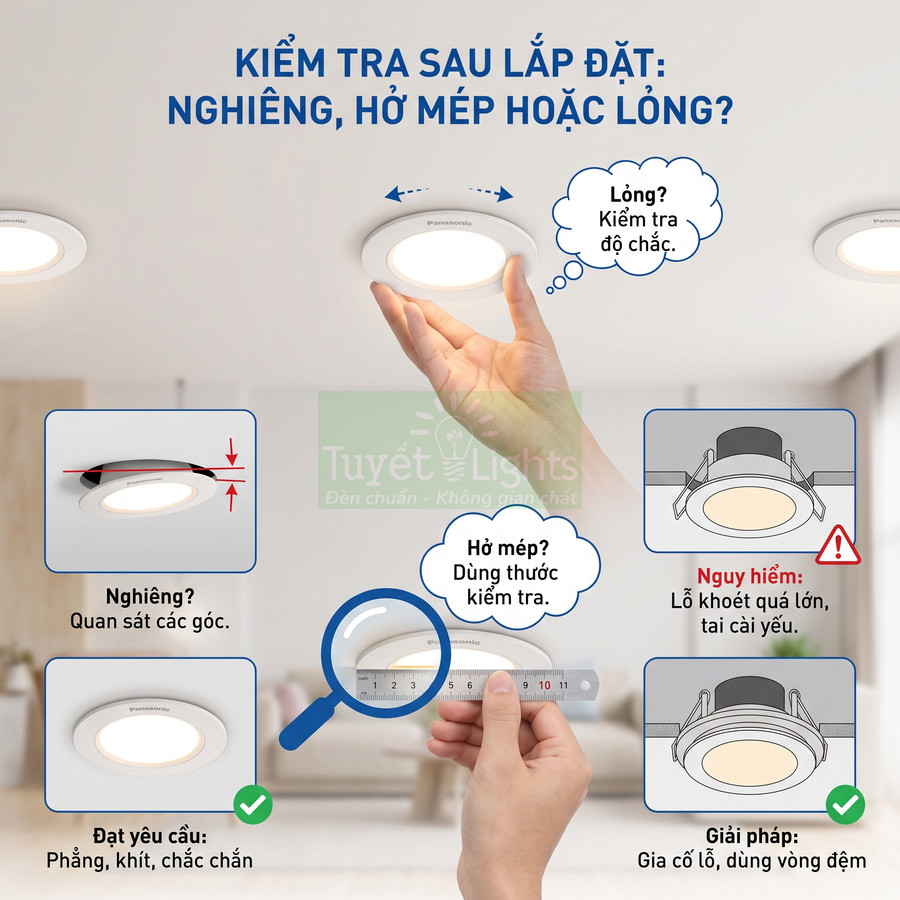 Hướng dẫn kiểm tra sau lắp đặt đèn âm trần Panasonic tránh nghiêng, hở mép và lỏng, đảm bảo đèn phẳng khít chắc chắn